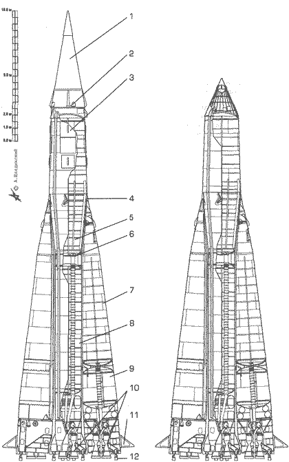 схемы ракет Р-7 для летных испытаний и Р-7 для ПС